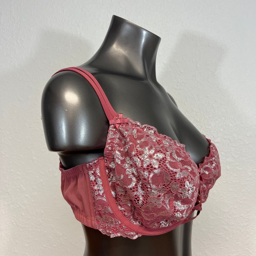 Cacique Bra Underwire Lace Up Detail Metallic Pink Silver Milkmaid 44D - Picture 4 of 5